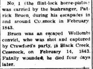 Weapons carried by bushranger Patrick Bruen in 1843
