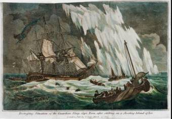 Distressing situation of the Guardian sloop, Capt. Riou, after striking on a floating Island of ice - Thomas Tegg - National Maritime Museum