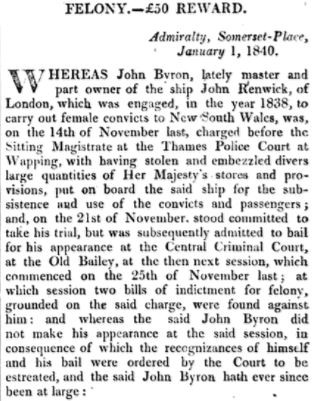 Reward offered for apprehension of John Byron, master of the John Renwick