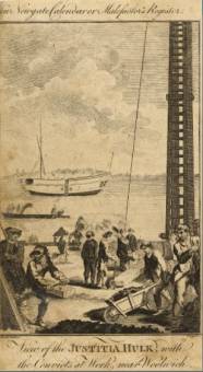 View of the Justitia Hulk, with the Convicts at Work, near Woolwich. New Newgate Calendar or Malefactor's Register (PAI9265)