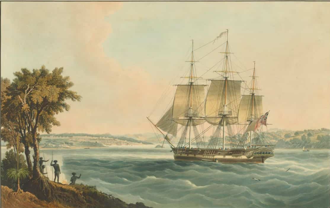 The East India ship Mellish entering the harbour of Sydney (1830) painted by W.J. Huggins ; engraved by E. Duncan - National Library of Australia