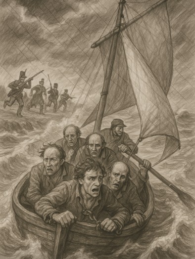 AI created sketch, convict pirates with soldiers in pursuit