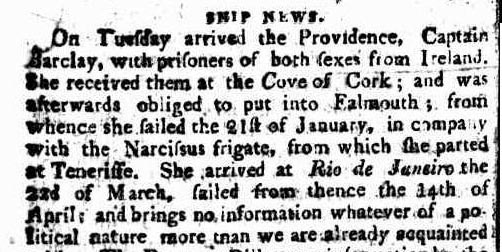 Arrival of the convict ship Providence at Port Jackson in 1811