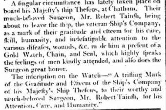 Robert Tainsh Surgeon of the Theseus presented with a gold watch - The Times, London